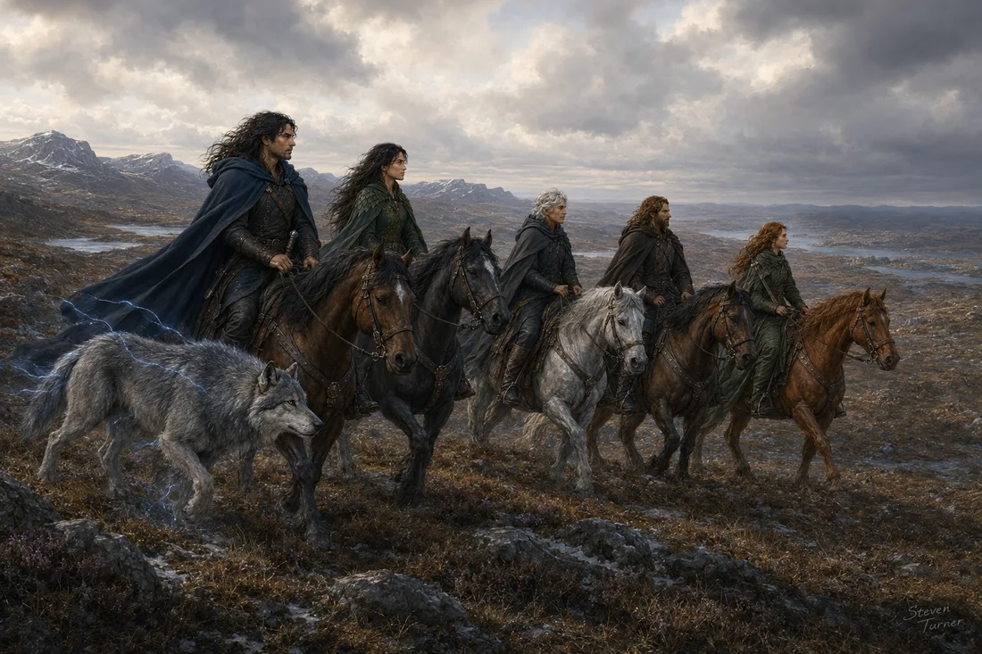 The Company of Stormweaver riding through the Highlands with the wolf Stormfang