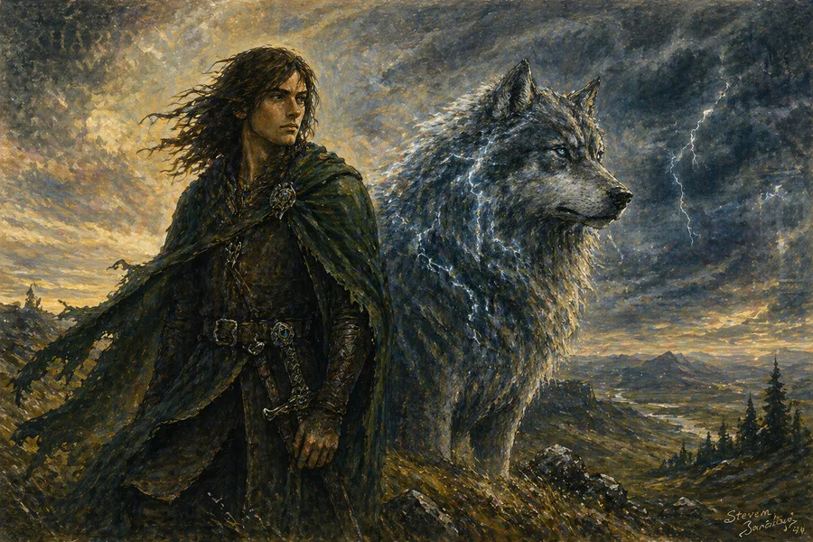 Painterly study of Thorin Ravenwood and the lightning-wolf Stormfang