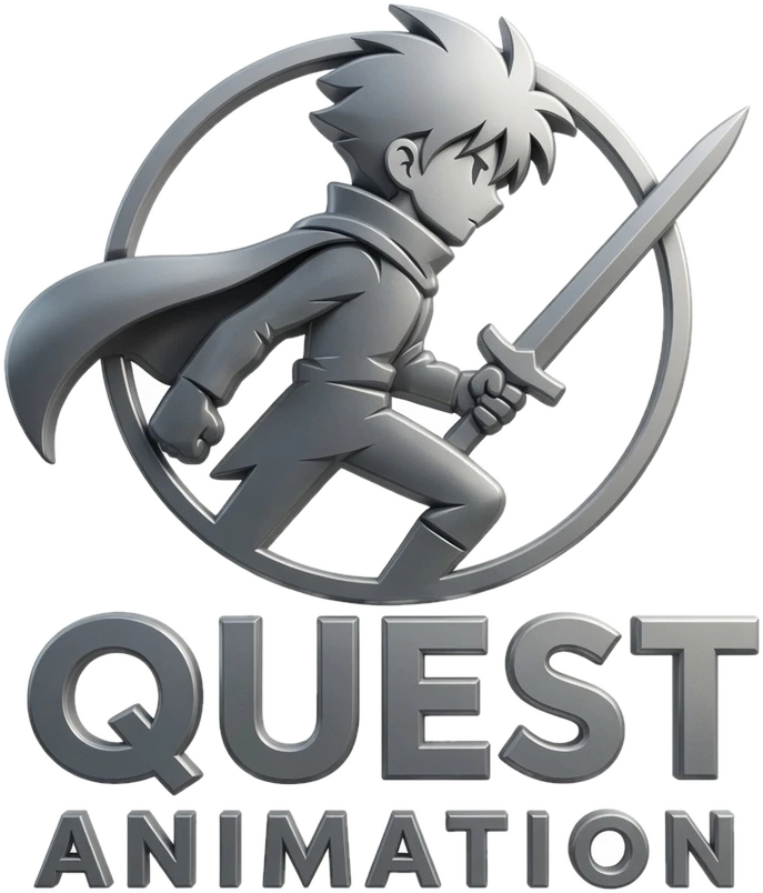Quest Animation logo — a young hero with a sword striding through a silver ring