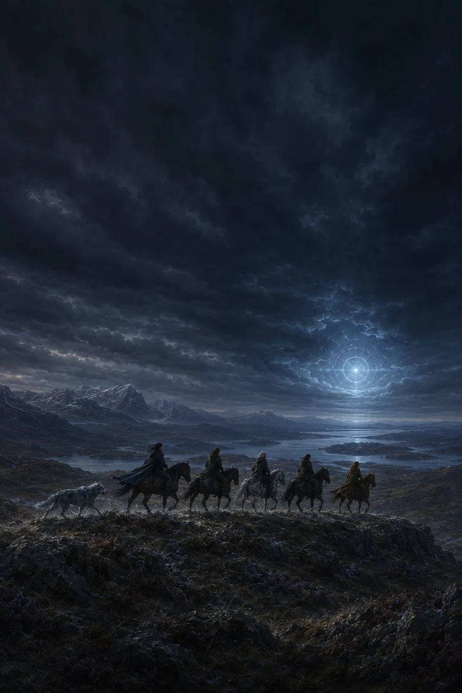 The Company of Stormweaver on the final ride west beneath the storm sigil