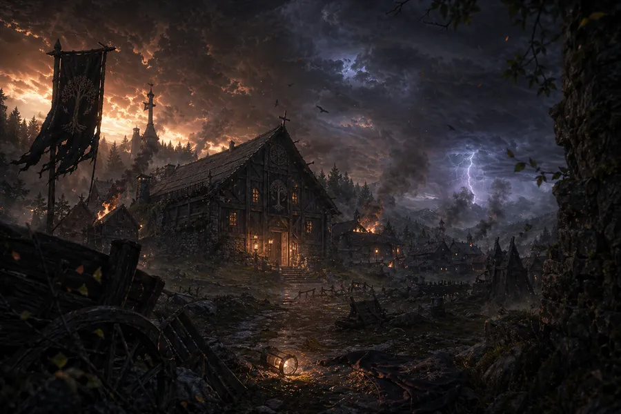 The fall of Ravenwood — a burning village beneath a storm-torn sky