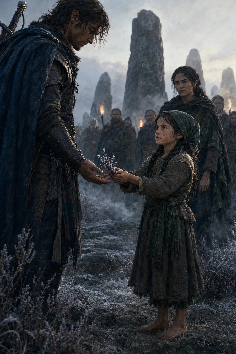 A village girl offers Thorin Ravenwood a sprig of heather at Black Cairn Glen