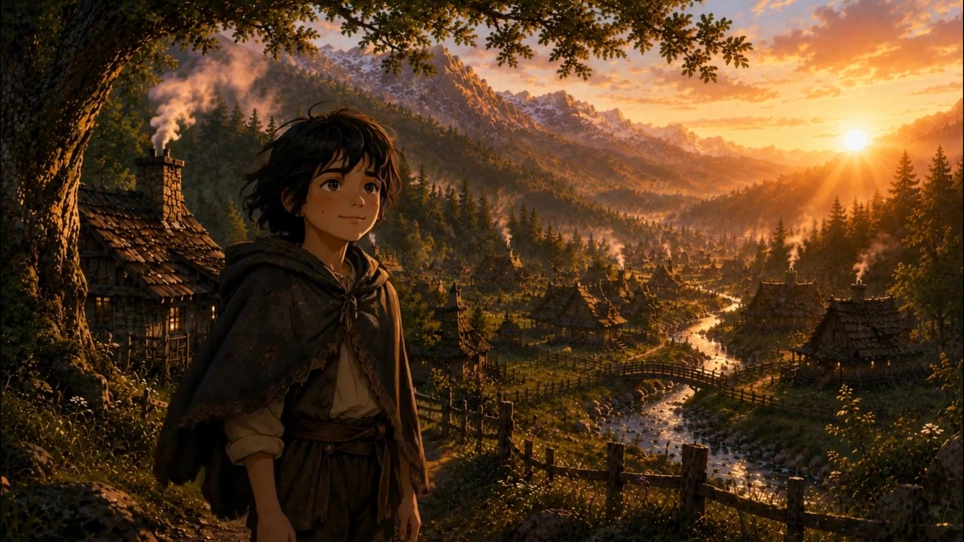 Young Thorin Ravenwood overlooking Elderwood at sunrise